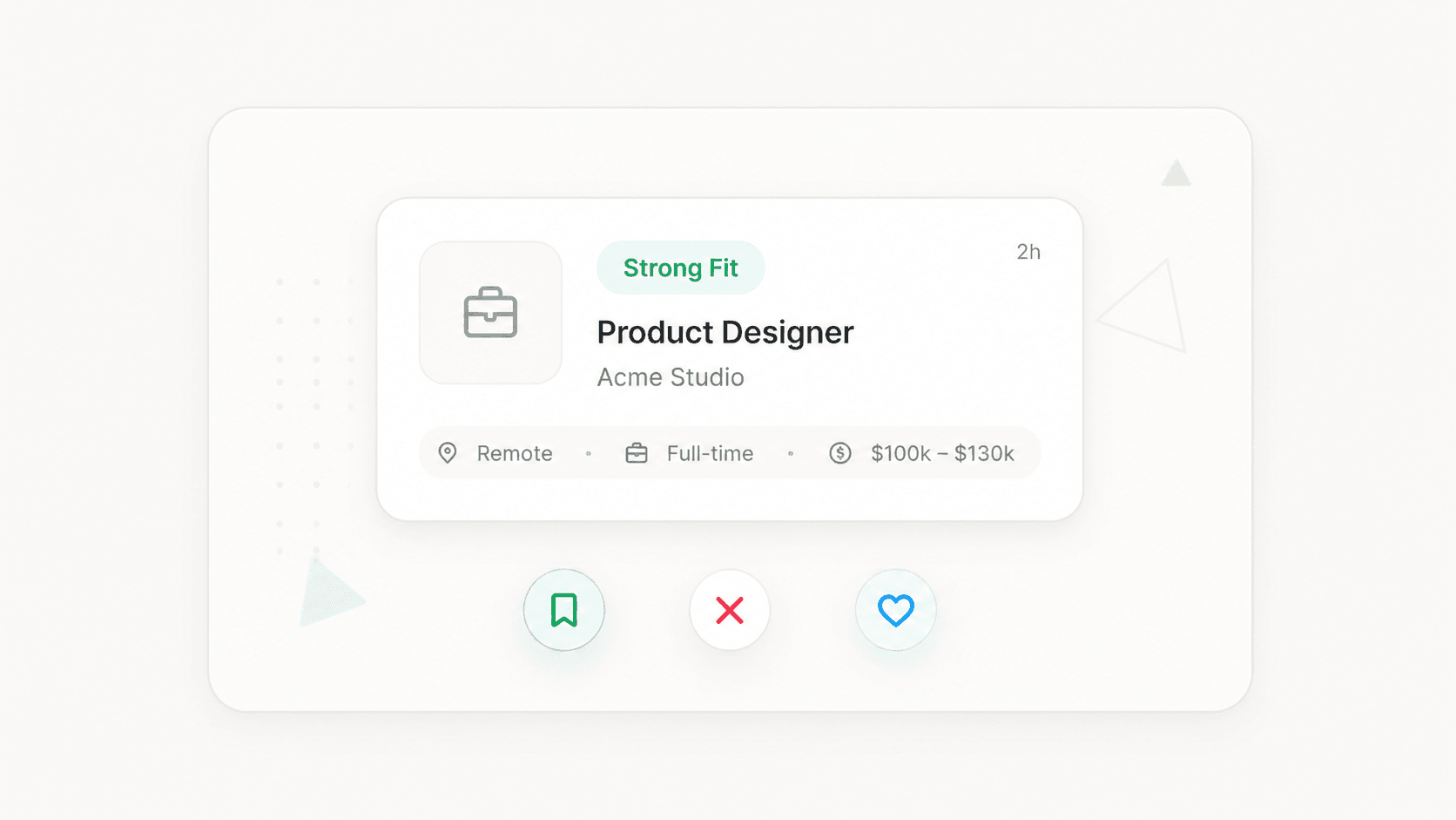 Job card with save, skip, and like actions